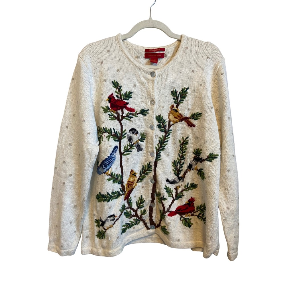 Northern Isles Holiday 2004 Bird Embroidered Cardigan Cream XL Vintage